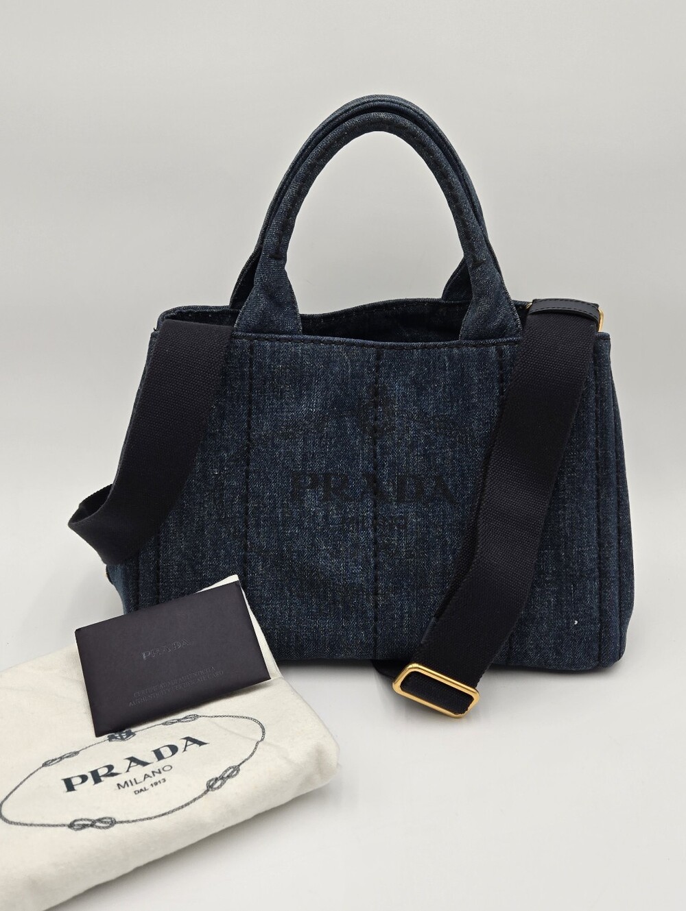 Prada Navy Denim Tote with Gold Hardware - Prada  Canvas Canapa, COA included